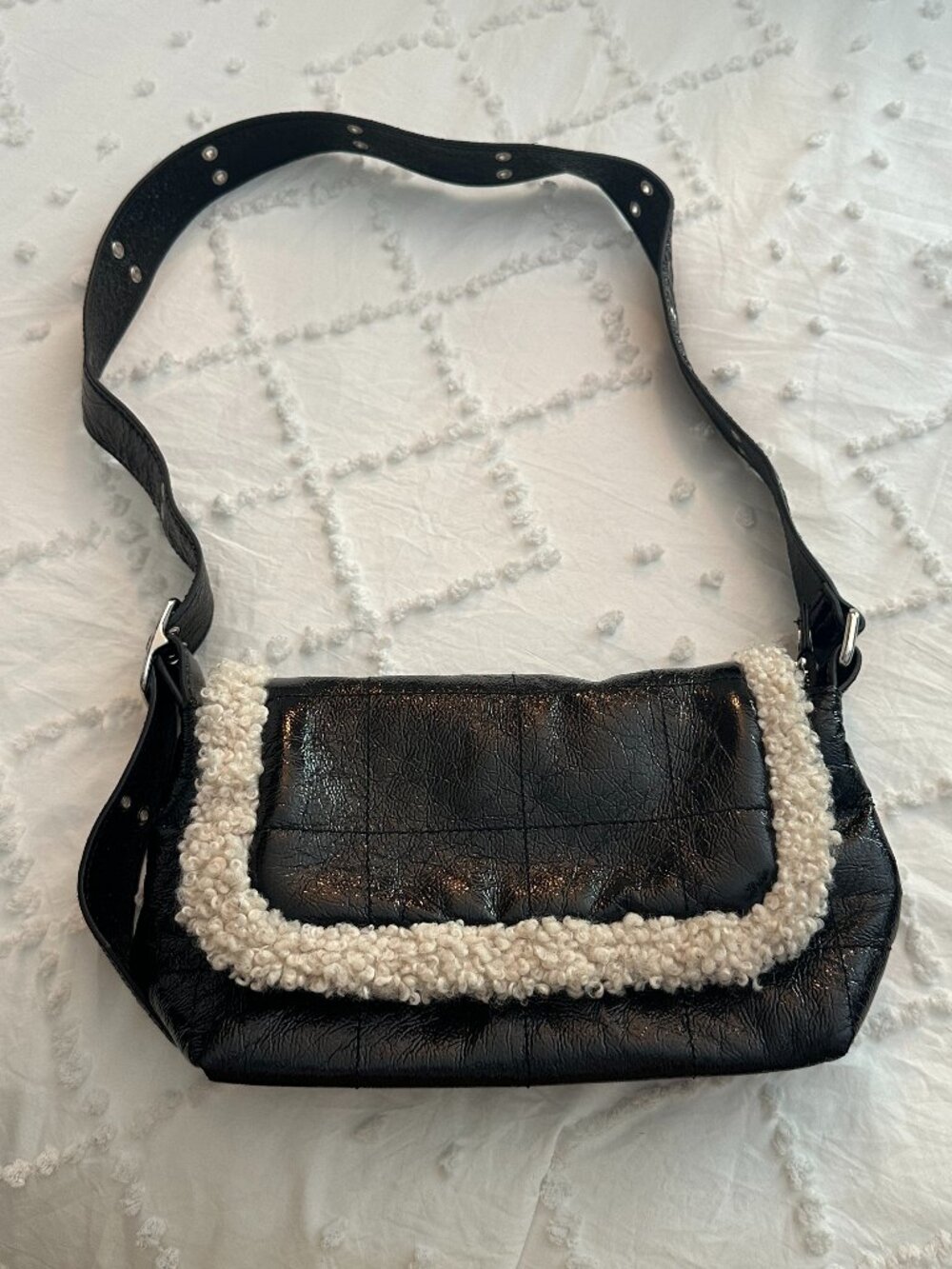 Topshop Y2K Black Faux Leather Sherpa Trim Baguette Shoulder Bag - Picture 1 of 11